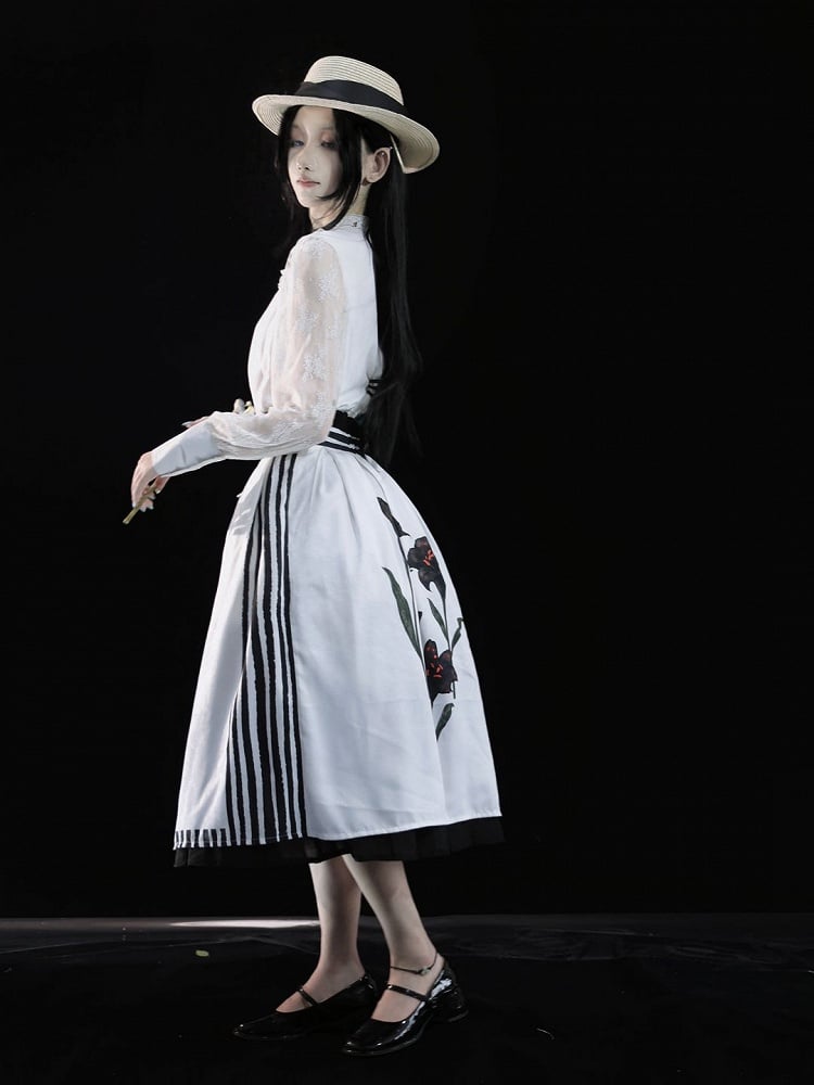 Black Lolita Striped Lily White Midi Elegant Print Skirt and
