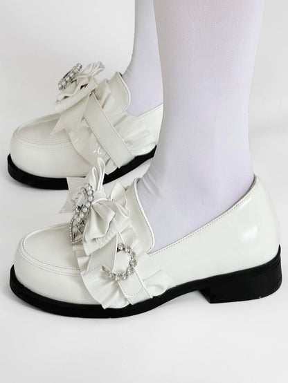 Leather Heels Rhinestone Bead PU Kei with Low Bow Jirai Polished White