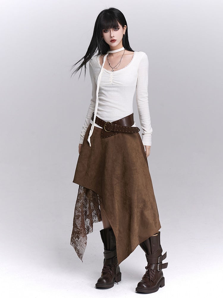 mit modischem Spitzentaschentuchsaum, Kaffeerockdetails, Wasteland Patchwork, Millard Wildleder