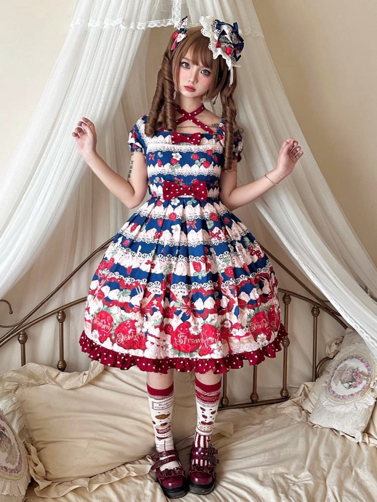 Blue Strawberry High Waist Sweet Lolita Dress
