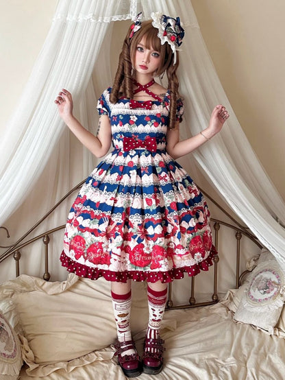 Blue Strawberry High Waist Sweet Lolita Dress