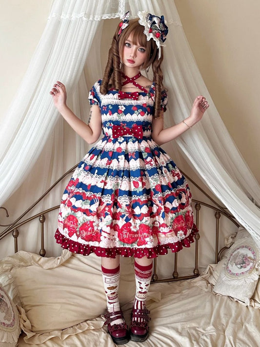 Blue Strawberry High Waist Sweet Lolita Dress