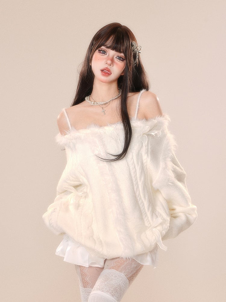 Cozy White Off-Shoulder Sweater with Bow Accent