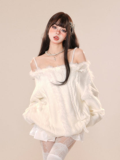 Cozy White Off-Shoulder Sweater with Bow Accent