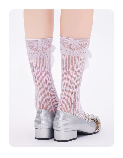 Black/White Semi-sheer Bow Lace Calf Socks