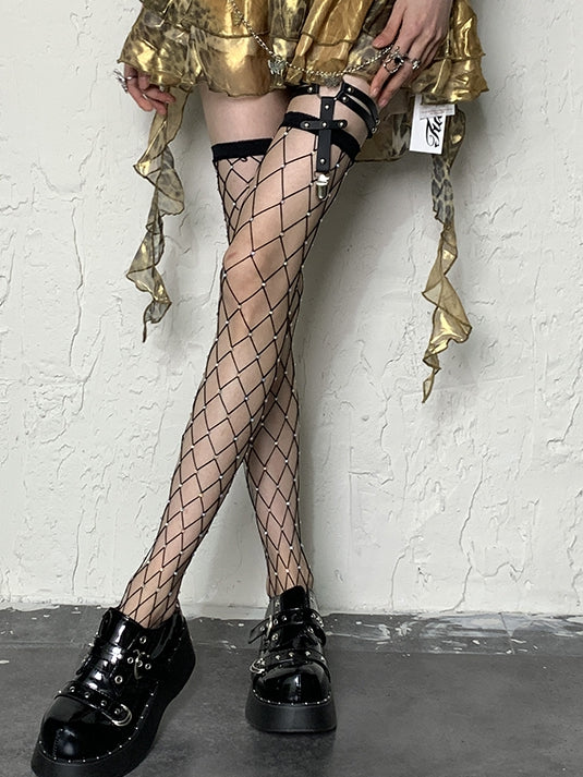 Y2K Overknee Black Design Pattern Hollow-out Diamond Stockings