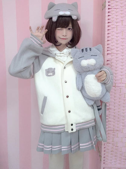 White and Gray Cat Hooded Woolen Baseball Jacket