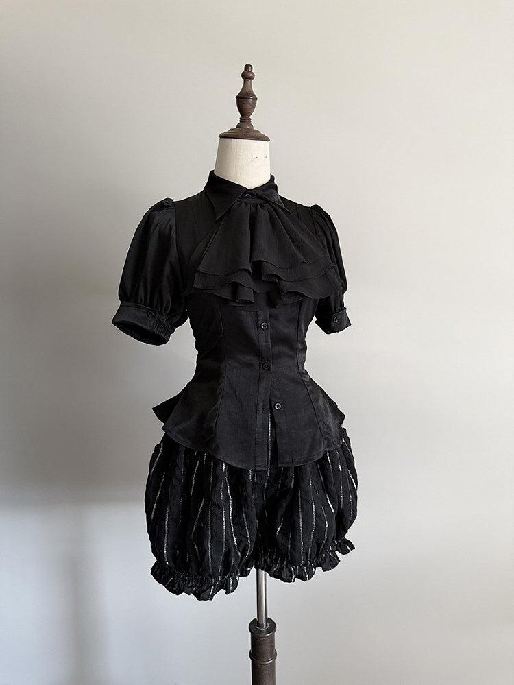Black Sharp Collar Gothic Lolita Short Sleeves Blouse Jabot Tie - Flower Fairy Daily