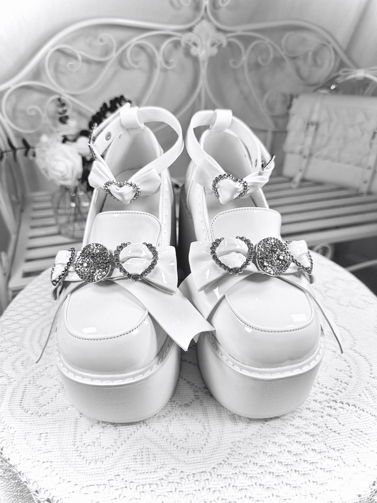 Polished Heel Shoes Top with Loafers High Accents Bow White Block Jirai Kei Rhinestone Platform