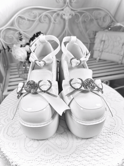 Polished Heel Shoes Top with Loafers High Accents Bow White Block Jirai Kei Rhinestone Platform