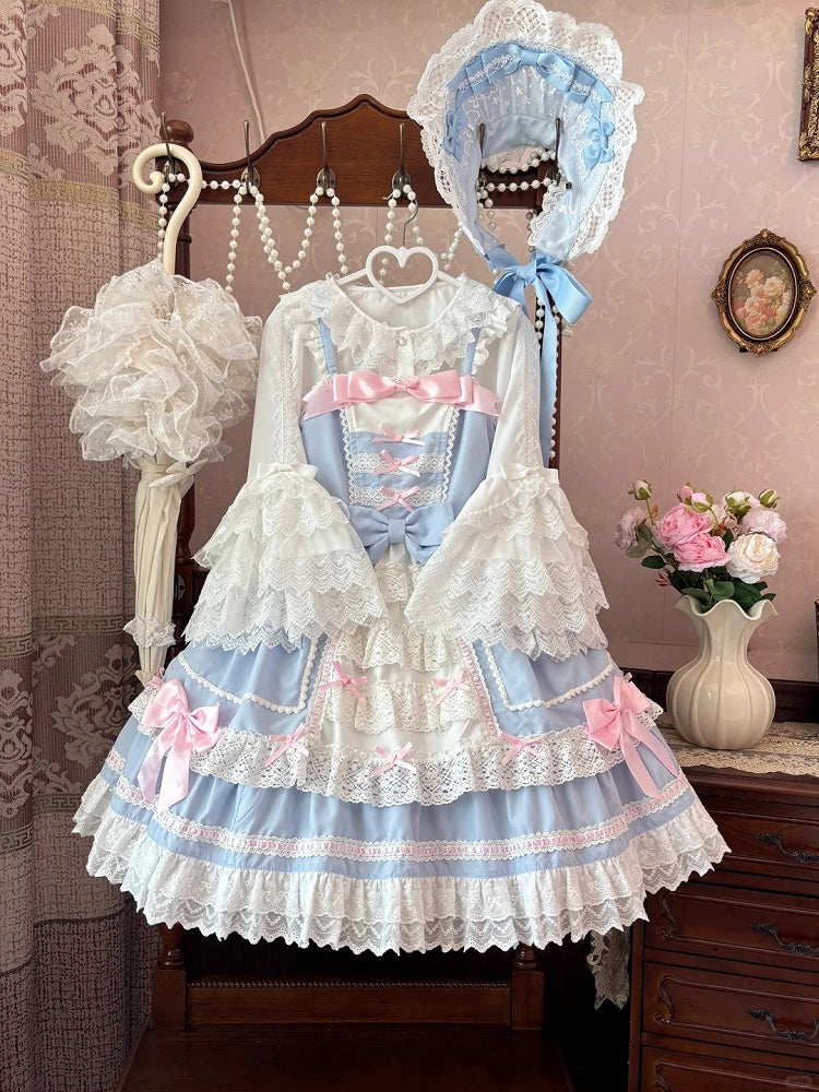 Süßes Lolita-Kleid mit Spitzenbesatz, rosa Schleifen, blau, JSK
