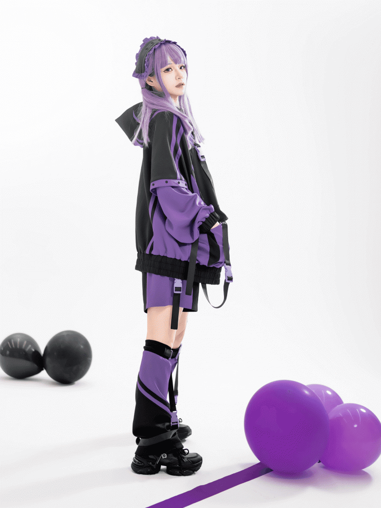 Tech Purple Colorblock Design with Decorative Snaps Landmine Style Baggy Jacket Black and