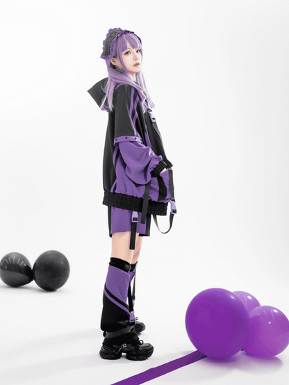 Tech Purple Colorblock Design with Decorative Snaps Landmine Style Baggy Jacket Black and