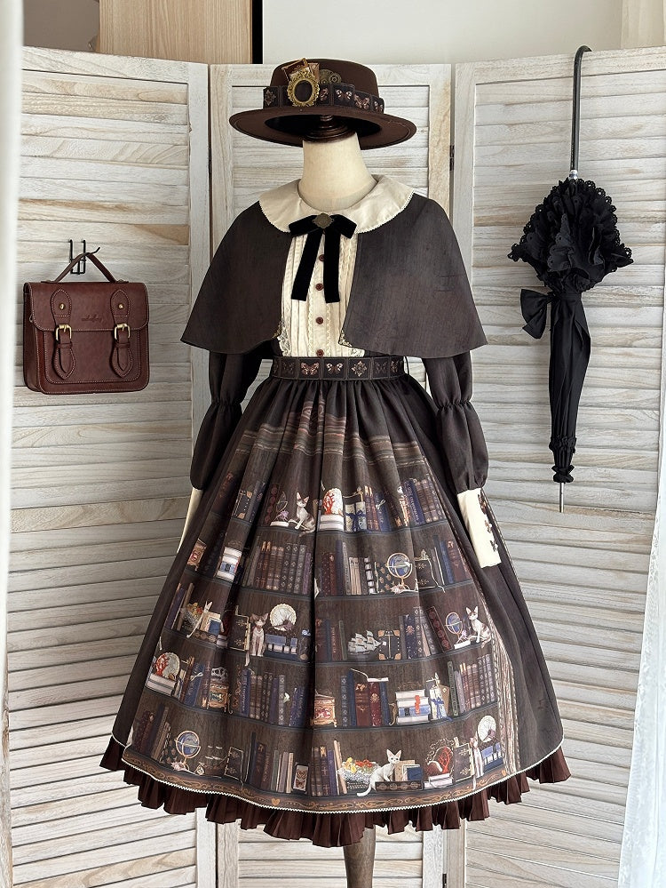 Dark Brown Bookshelf Print Long Sleeve Lolita Dress Cape - Miss Point