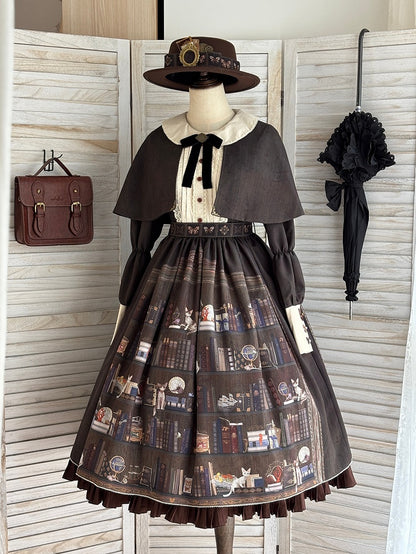 Dark Brown Bookshelf Print Long Sleeve Lolita Dress Cape - Miss Point