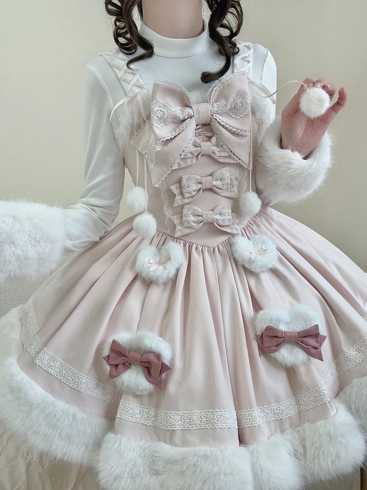 Pink White Bunny Ear Hooded Cape Faux Fur Sweet Lolita Dress - Sweet Dream Box