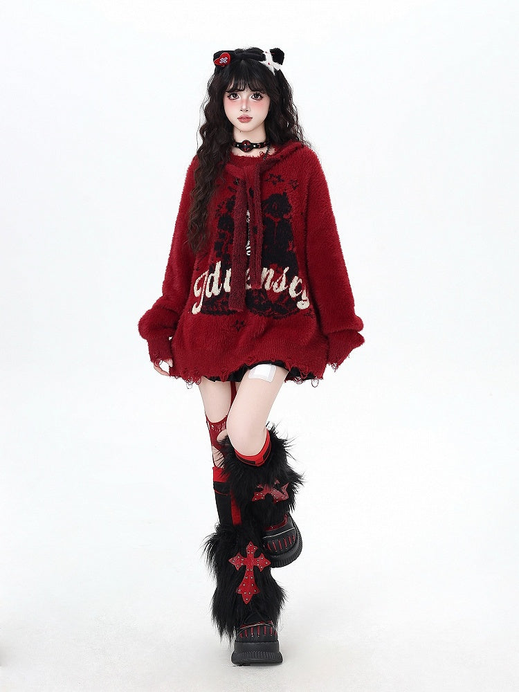 Vintage Lettered Plush Sweater with Distress Trim and Detachable Hood Red/Dark Brown