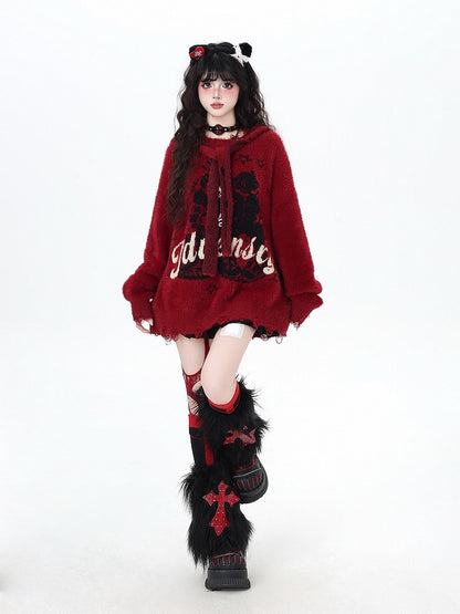 Vintage Lettered Plush Sweater with Distress Trim and Detachable Hood Red/Dark Brown