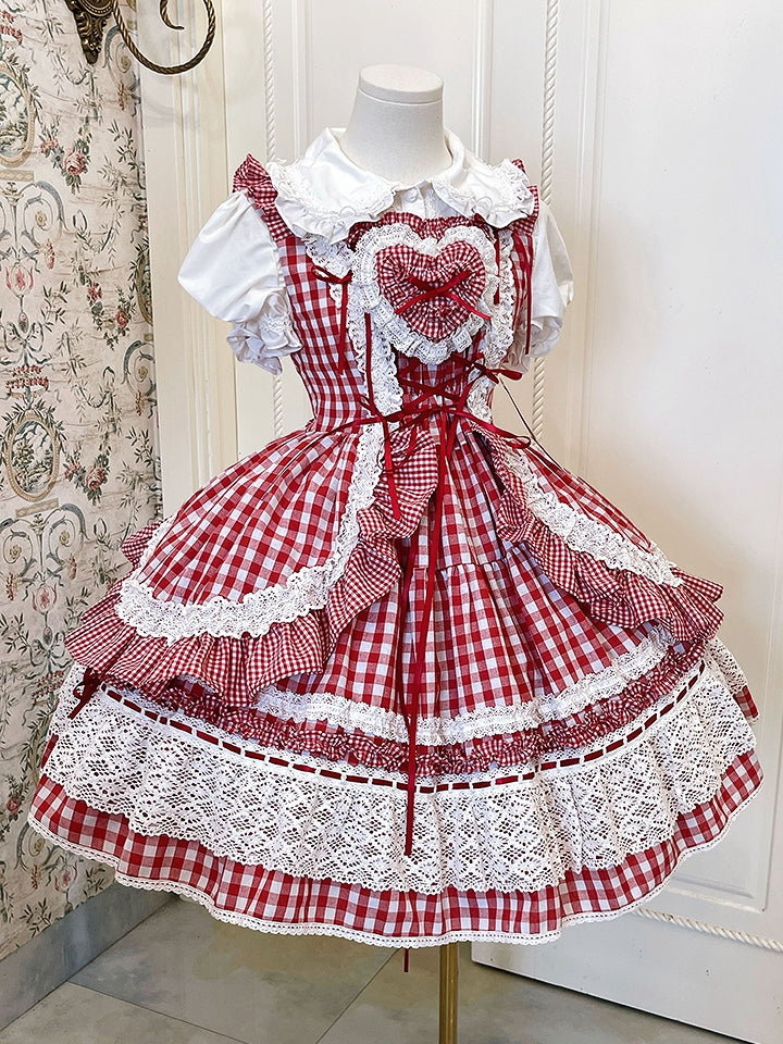 スクールロリータ古い白いスカートとドレス赤いジャンパーギンガム