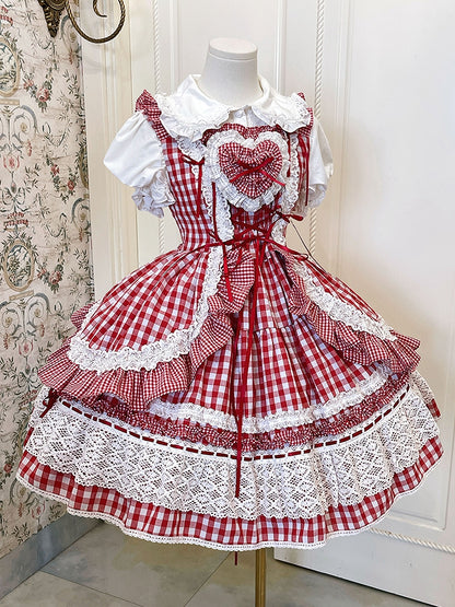 スクールロリータ古い白いスカートとドレス赤いジャンパーギンガム