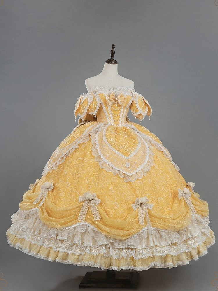 Lolita Layered Gown Lace Yellow Version and with Long Hanayome Ruffles Bow Hime Details Off-Shoulder