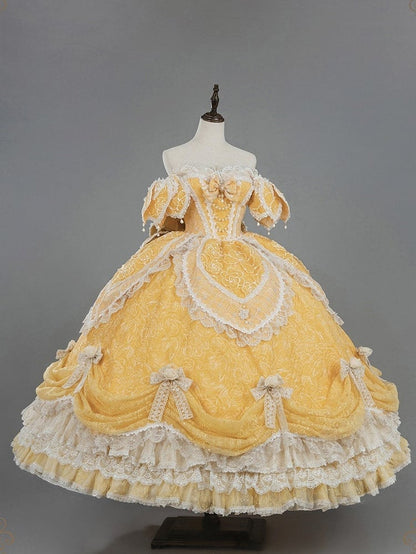 Lolita Layered Gown Lace Yellow Version and with Long Hanayome Ruffles Bow Hime Details Off-Shoulder