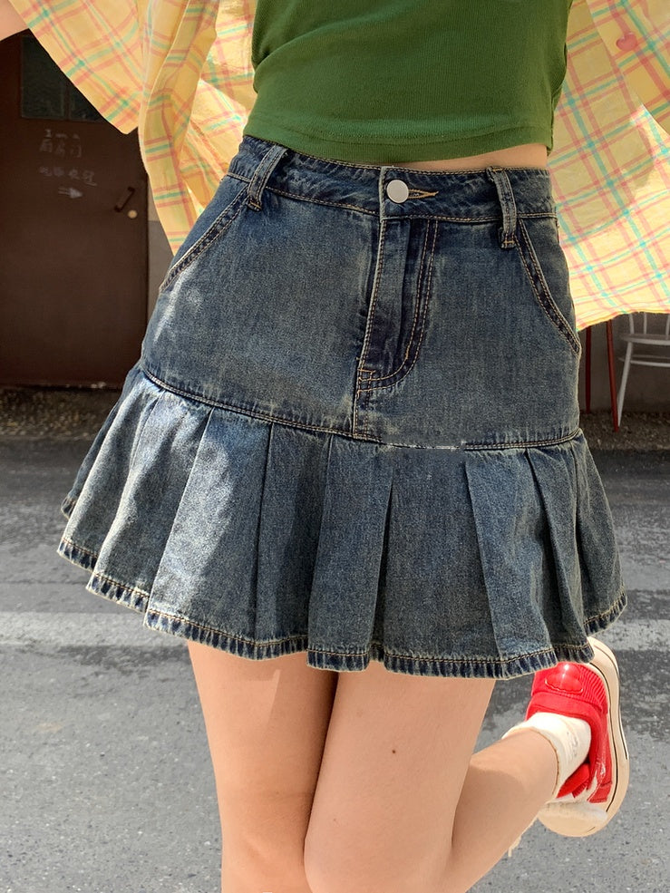 ウエストプリーツデニムスカート ブルーハイ