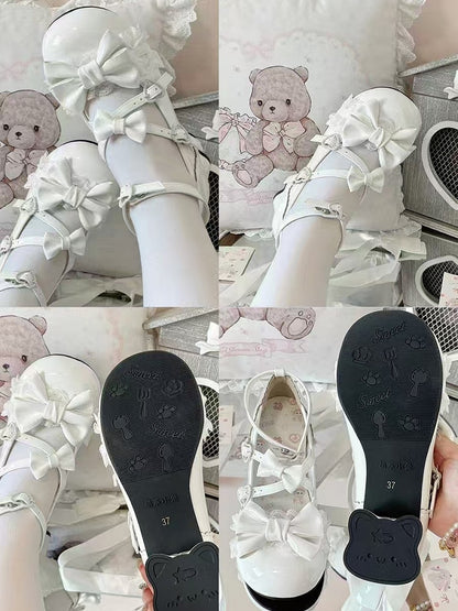 Bow Crisscross Heels White in Sweet Mid Cat with Straps Accents Lolita Heel
