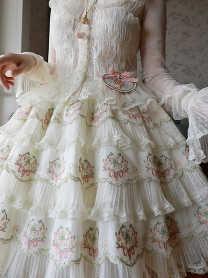 Skirt Flower Elegant Embroidery with Green Pink Details Tencel Lolita Multi-Layered
