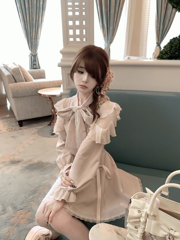 - Tie and Beige Polished Refined Neck Bow Ojou-sama Dress Shoulders Jirai Style Lace with Cutout Kei