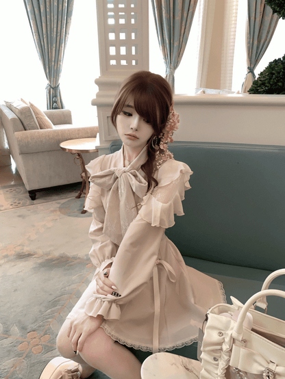 - Tie and Beige Polished Refined Neck Bow Ojou-sama Dress Shoulders Jirai Style Lace with Cutout Kei