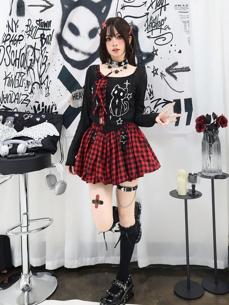 Plaid Bubble Skirt Y2K Gray / Red Star Buckles Black Black
