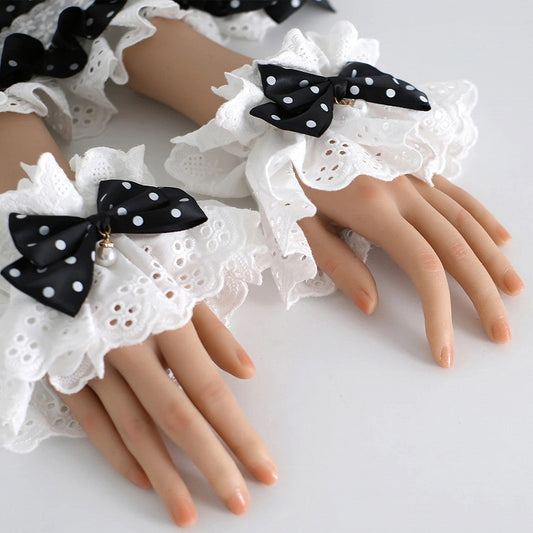 Wrist Lace Lolita Bow White Dot Polka Cuffs Pearl Design Black -