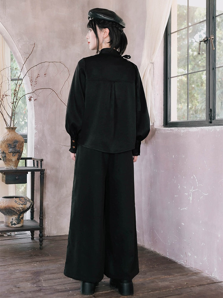 Black Stand Collar Long Sleeve Shirt with Asymmetric Placket, Mandala Embroidery and Tie Accents - Quirky Hut