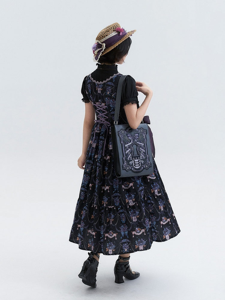 Black-Purple Pansy Print Classic Lolita JSK with Lace Trim