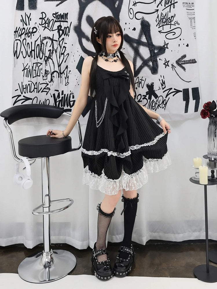Skirt Cami Dress Big Bow Neckline Black with Striped Waist Detachable Chain Bubble