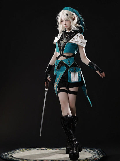 Teal Ouji Lolita Cutout Hooded Top + Asymmetric Metal Button Shorts Set - Xiong Dou Jiang