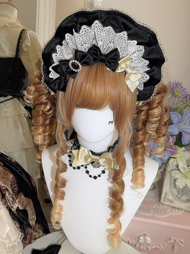 ワインベルベットレッド/ブラック+マットボンネット4つの蝶結びブローチトリムレース