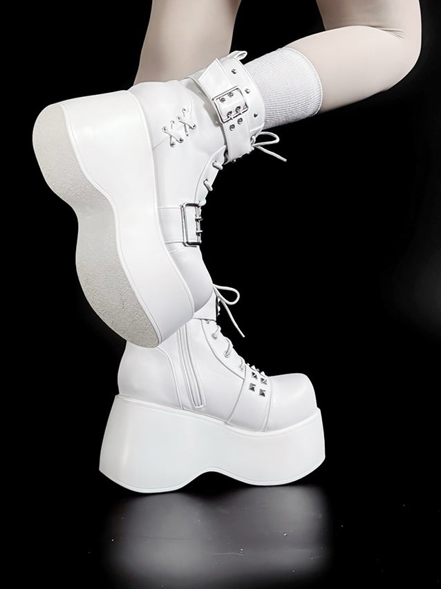 Matte White Punk Platform Boots – Stud, Bone & Lace-Up Strap Design