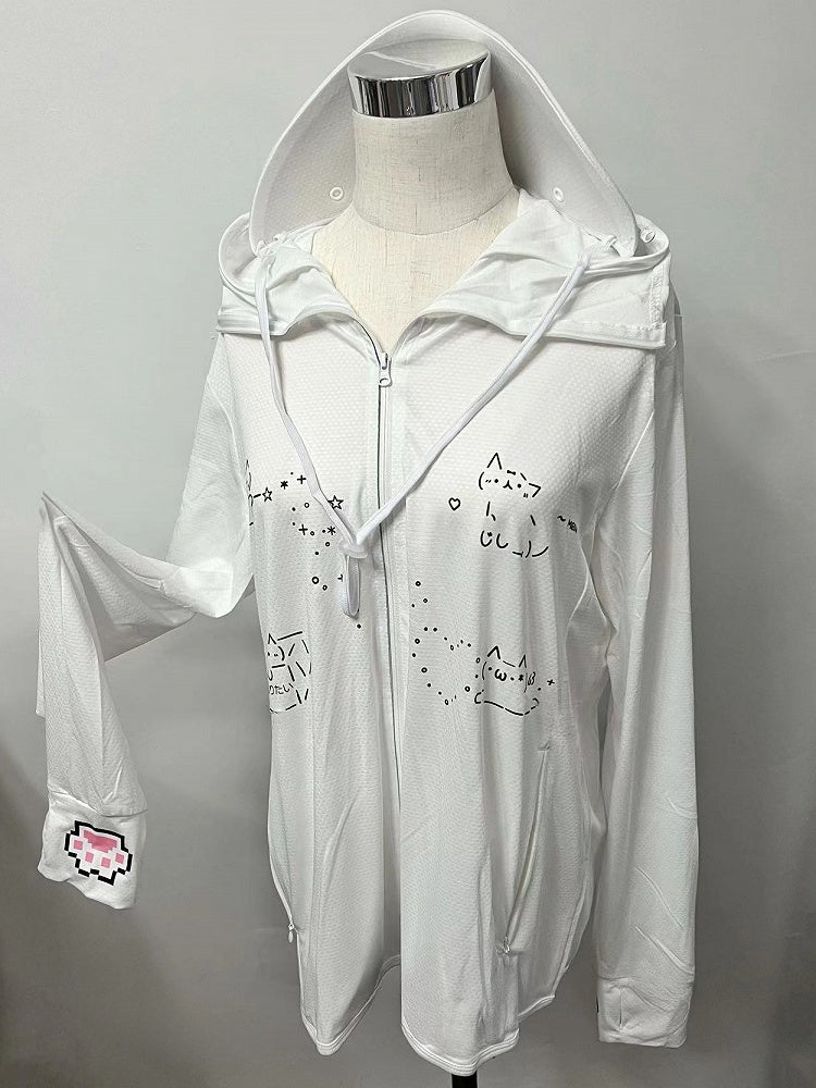 Sun Print White Jacket Kei Hooded Cat Jirai Protection
