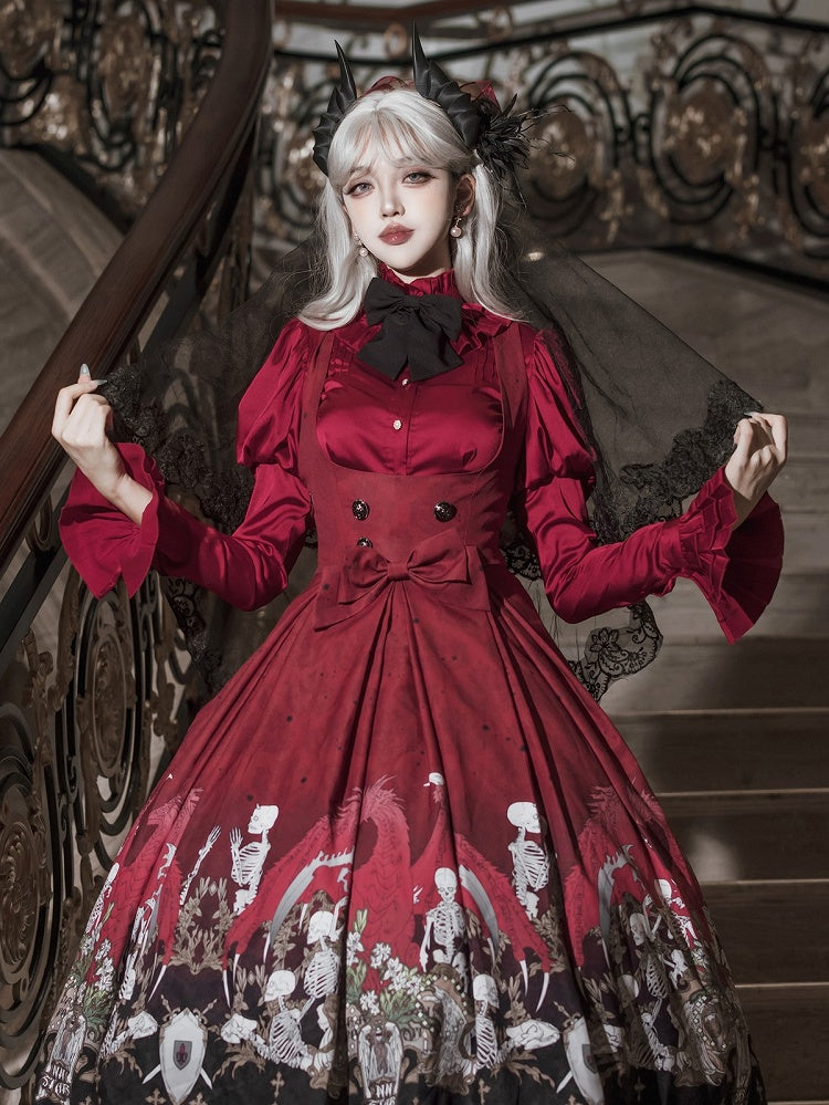 Chemise Lolita rouge en satin à manches Juliette, style gothique