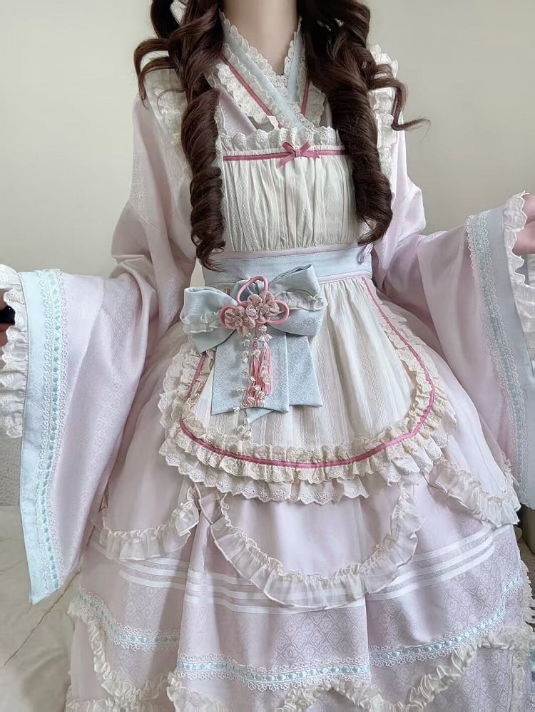 Hanfu-Inspired Lolita Top Set with Long Ruffle Skirt & Apron in Pink Blue - Berry Story Lolita