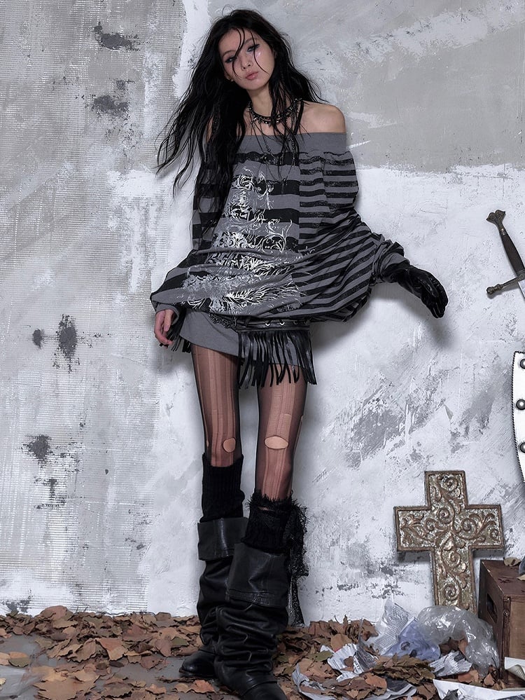 Black Sweatshirt Dress Print Stripes Cross Punk Off-Shoulder Versatile Batwing with Y2K Gray