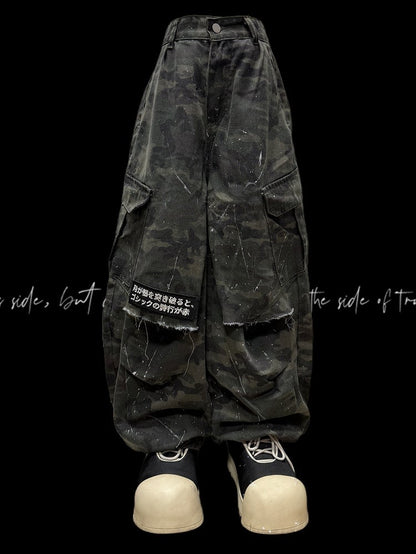Wide-Leg Cargo Army Green Pattern Pants Camo