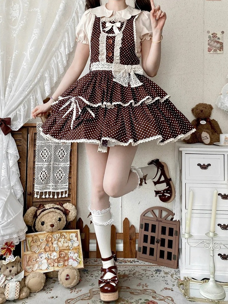 Muster Altes gepunktetes Schokoladen-Overall-Schulkleid Braun Lolita