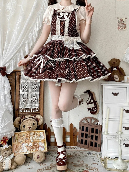 School Lolita Chocolate Polka-dot Pattern Dress Brown Overall Old