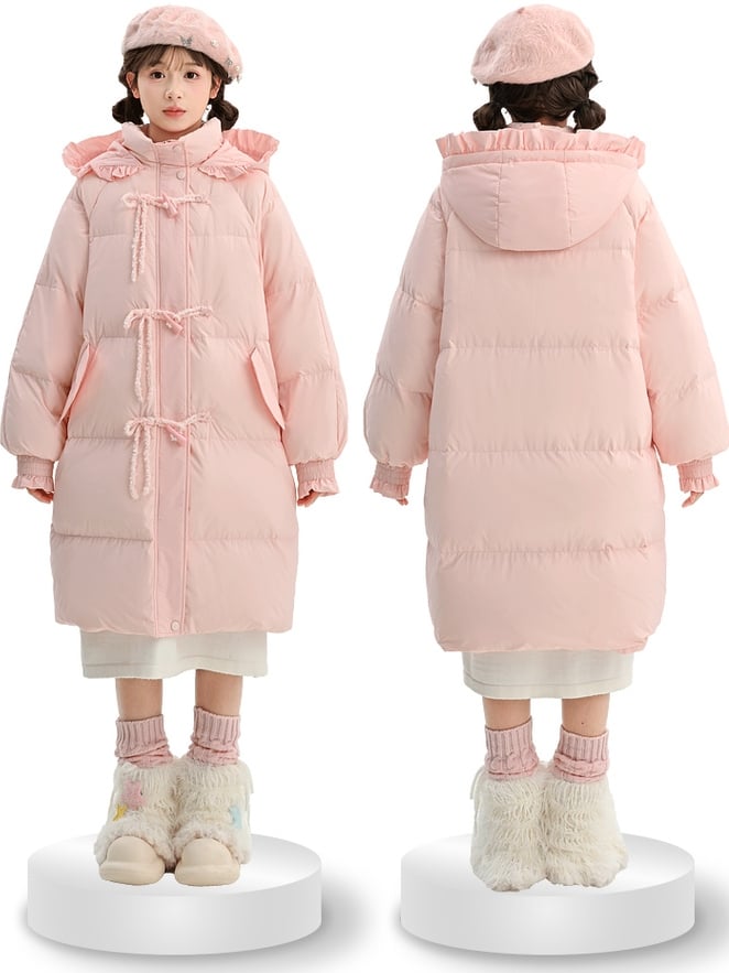 Rosa Daunenmantel mit Kapuze, Schleife und Horn-Knopf