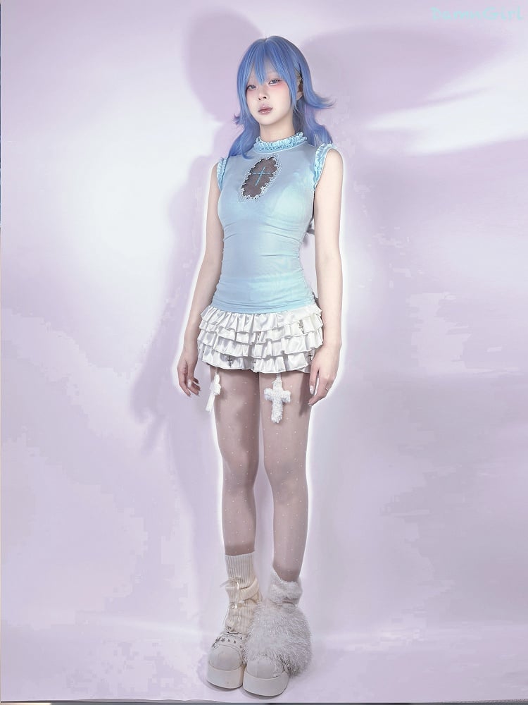 Gothic Ärmelloses Top Hellblau Mock Neck Sargförmiger Ausschnitt Pastell