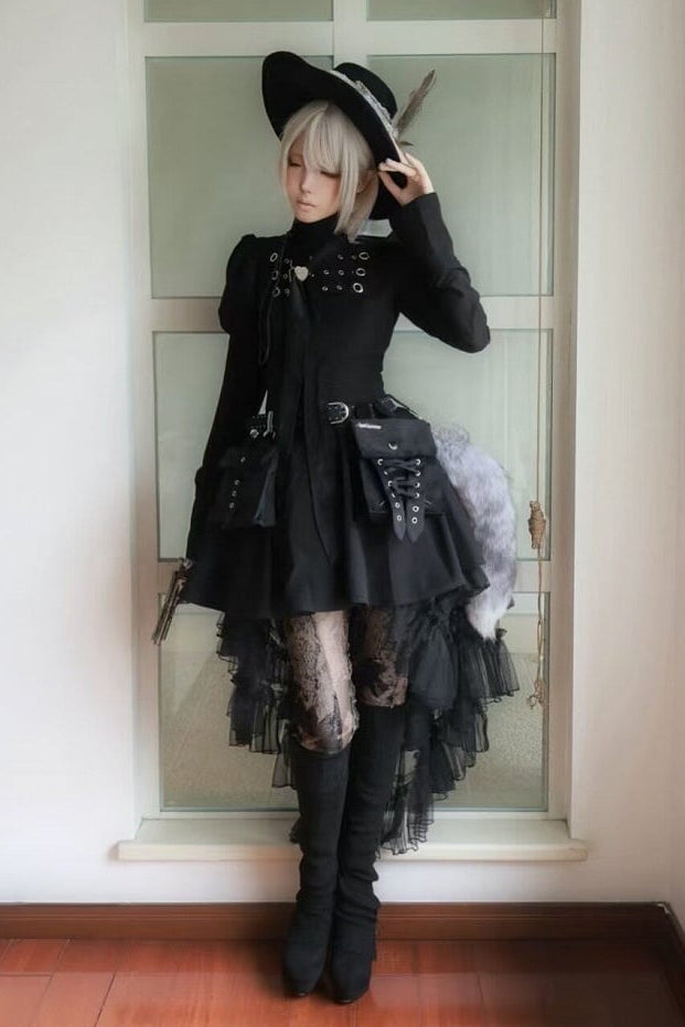 Steampunk Brown x Gothic Black Mode Buckle High Collar Puff Sleeve Doll Dress