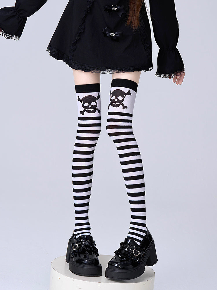 Stockings White Black Skull Pattern and Striped
